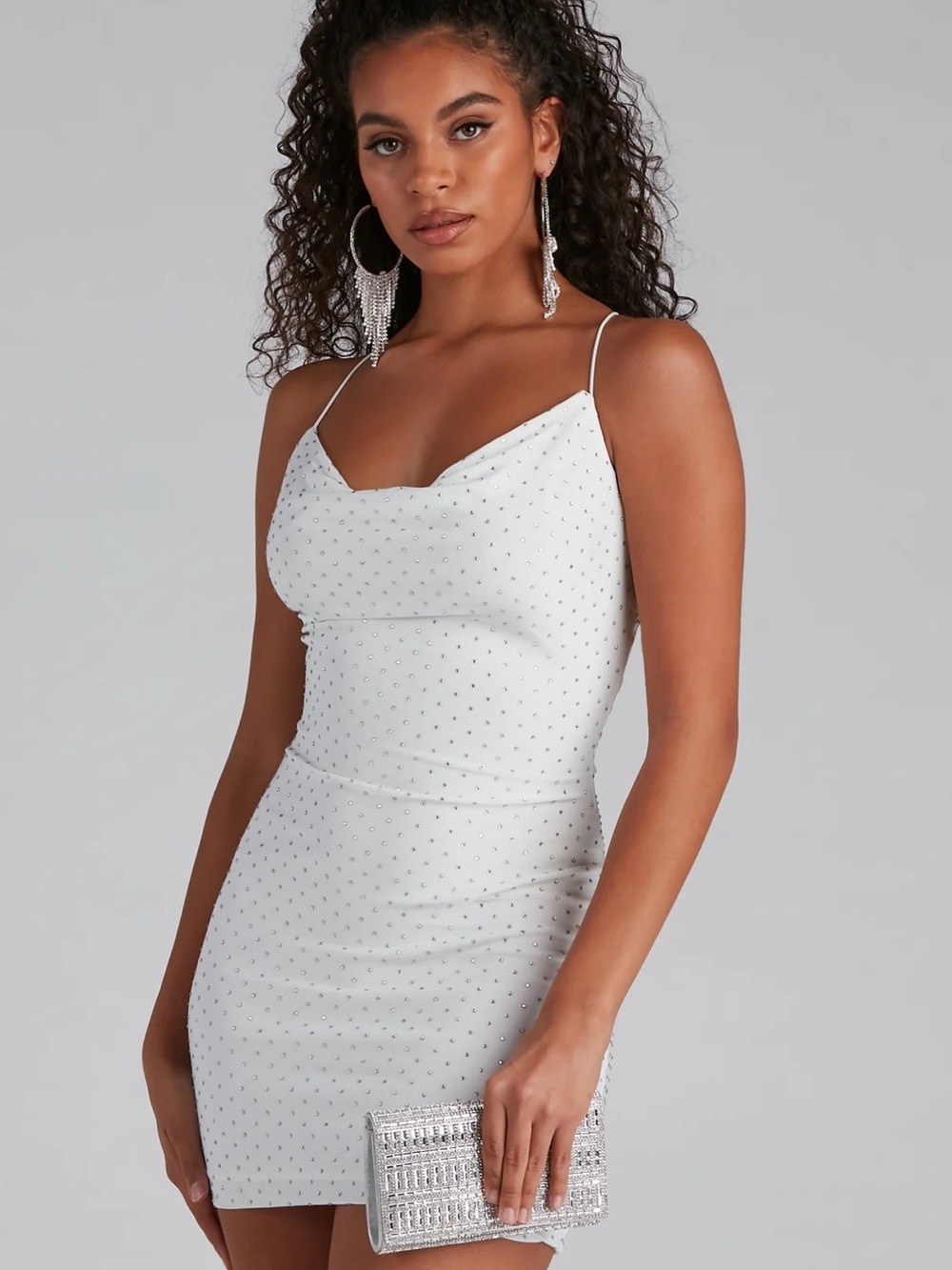 White Avery Formal Heat Stone Cowl Neck Mini Dress